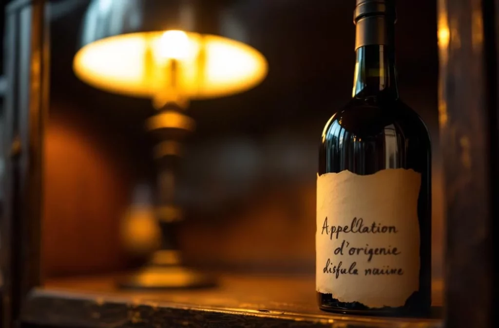 Bouteille de vin scellée et étiquette parchemin — illustration appellation d'origine