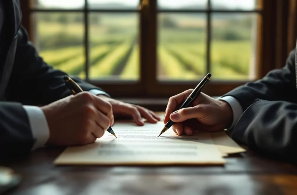 Signature d'un contrat de bail viticole devant un vignoble
