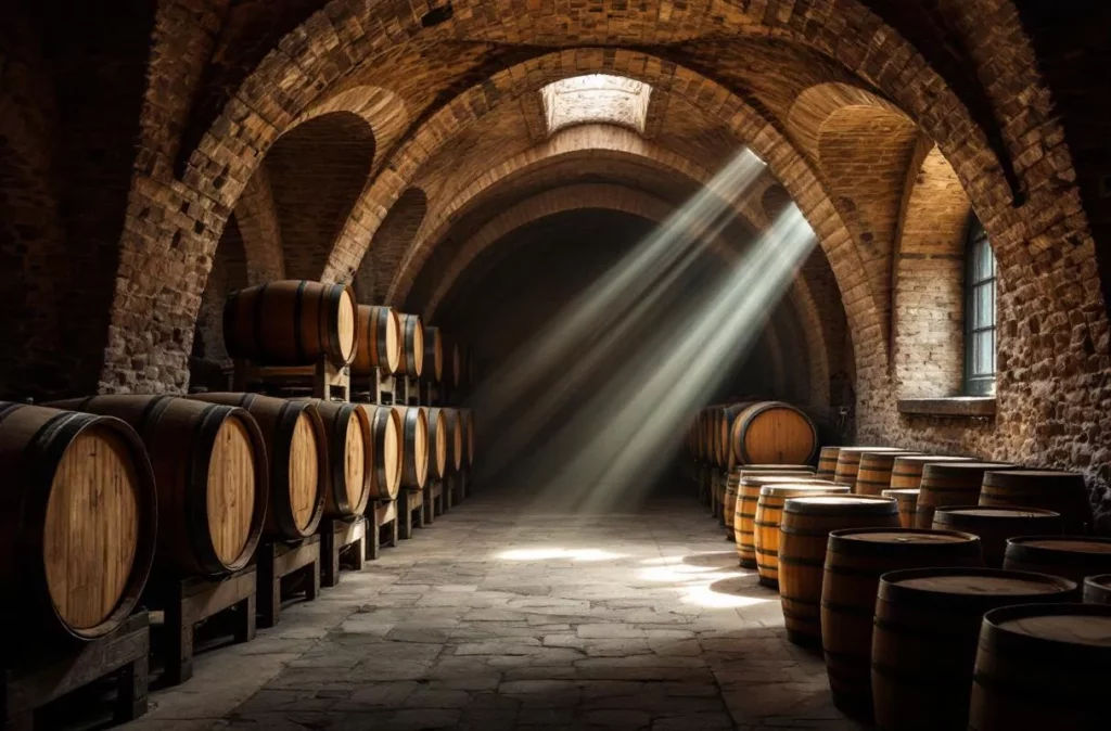 Cave en pierre avec barriques de chêne — cession de domaine viticole