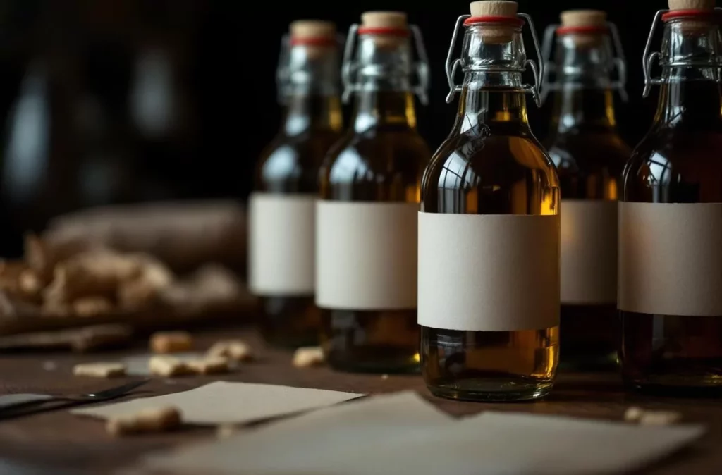 Bouteilles en verre avec étiquettes blanches — étiquetage agroalimentaire