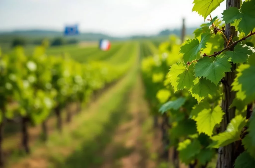 Vignoble avec drapeaux UE et France en arrière-plan — réforme PAC