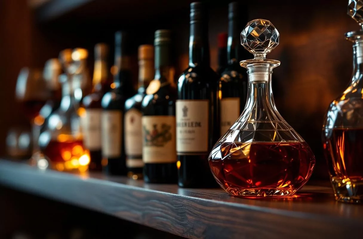 Bouteilles de spiritueux et carafes en cristal — symbole de l'expérience internationale de Camille Masson chez Pernod Ricard à Shanghai