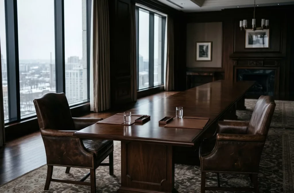 Fauteuils vides face a face autour d une table de conseil, illustration d un conflit entre associes
