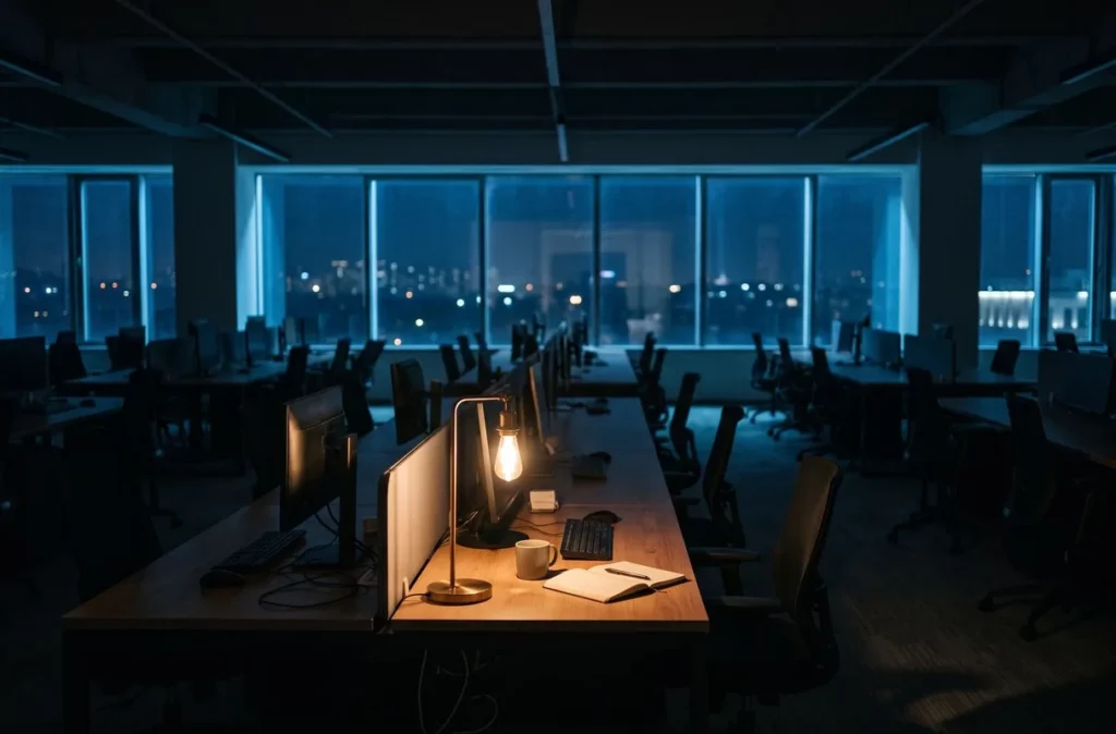 Lampe allumee dans un open space desert la nuit, image d une entreprise en difficulte avant la procedure collective