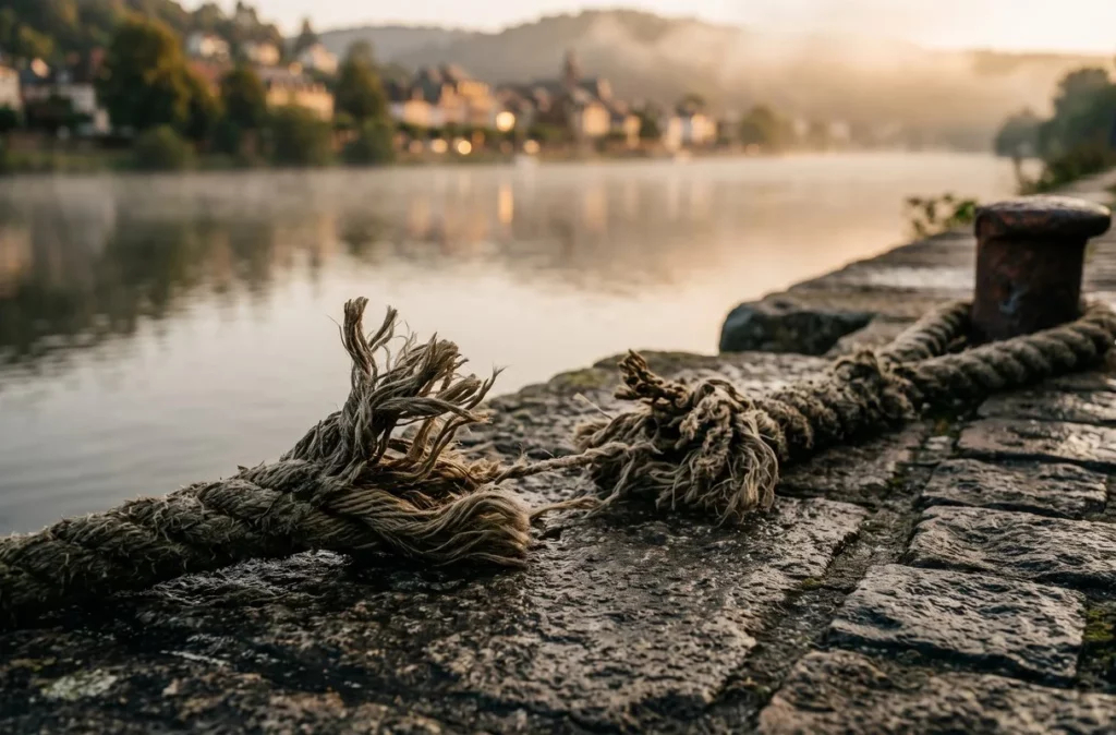 Cordage rompu sur un quai au bord de la riviere, image de la rupture brutale d une relation commerciale etablie