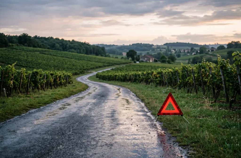 Route de campagne entre les vignes avec triangle de signalisation, illustration de l'indemnisation après un accident de la circulation