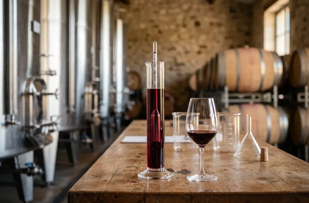 Éprouvette de vin rouge avec alcoomètre dans un chai, illustration de la réduction du degré alcoolique d'un vin