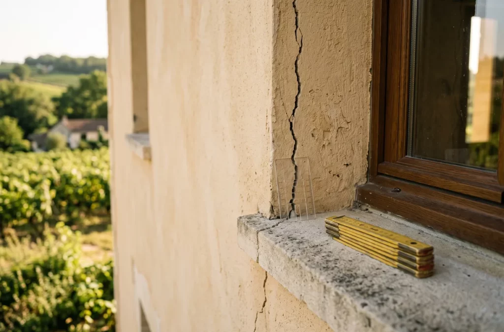 Fissure sur un mur de maison neuve avec jauge de mesure, illustration d'une expertise judiciaire avant procès
