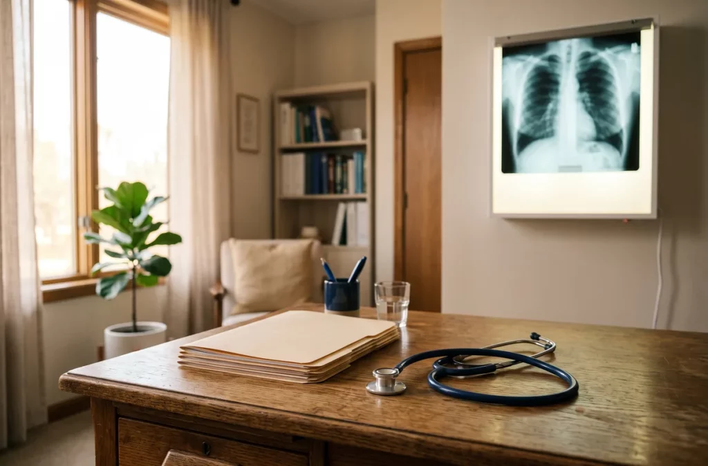 Cabinet médical avec stéthoscope et radiographie, illustration de l'expertise médicale d'une victime