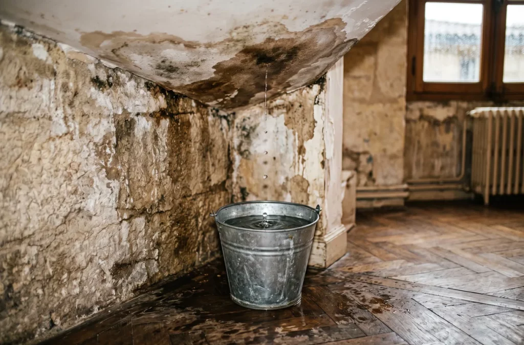 Plafond taché par une infiltration d'eau et seau sur un parquet, illustration d'un problème d'étanchéité