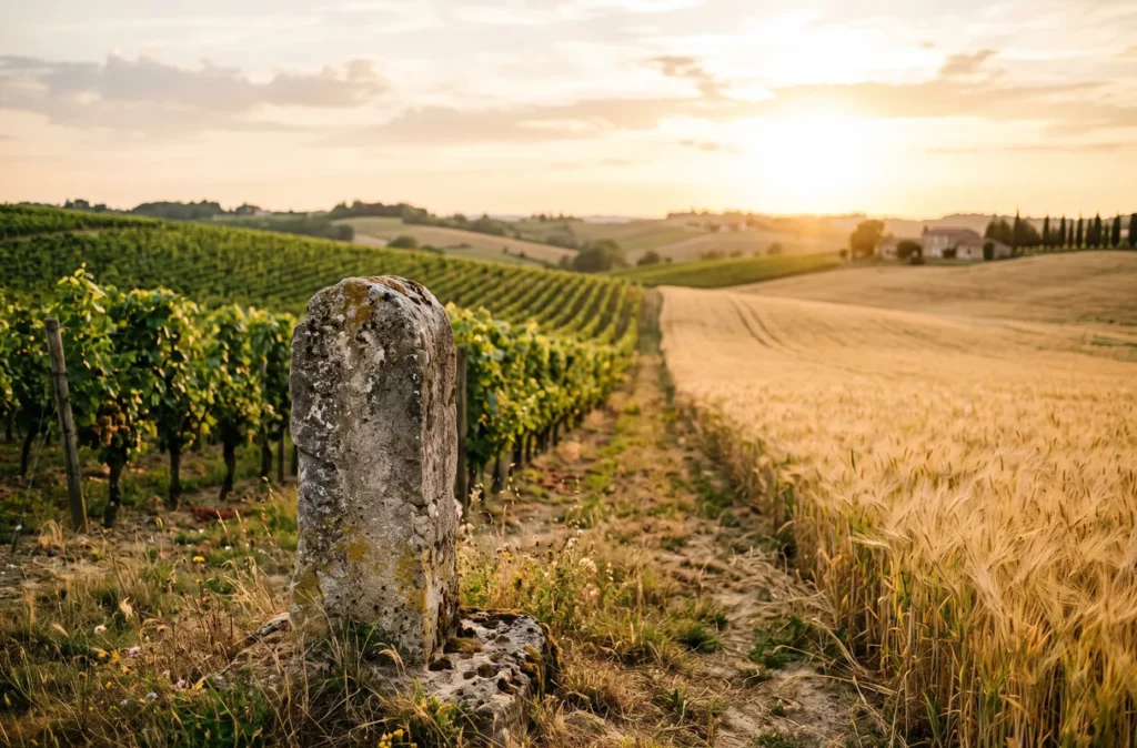 Borne en pierre entre une parcelle de vigne et un champ de blé, illustration de la résiliation d'un bail rural