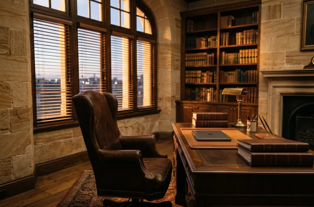 Bureau de direction vide dans un bâtiment ancien, illustration de la responsabilité pénale du dirigeant