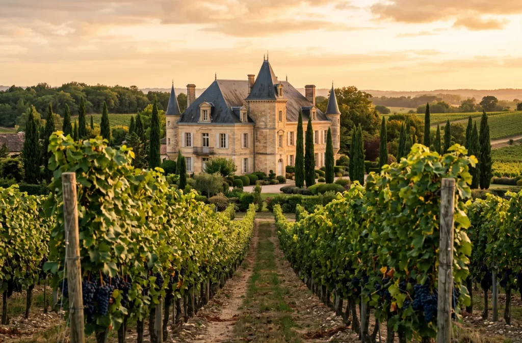 Château bordelais au bout des rangs de vigne, illustration de la vente d'une propriété viticole et des droits de la SAFER