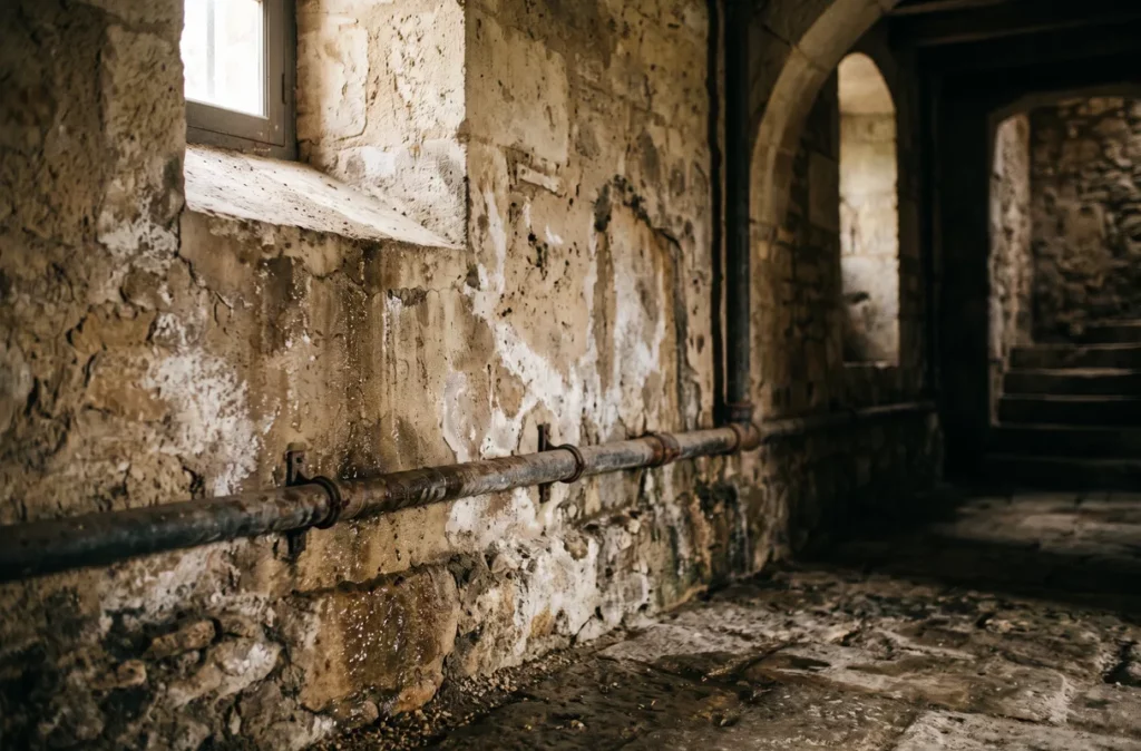 Mur de sous-sol en pierre marqué par des infiltrations, illustration des vices cachés dans une vente immobilière
